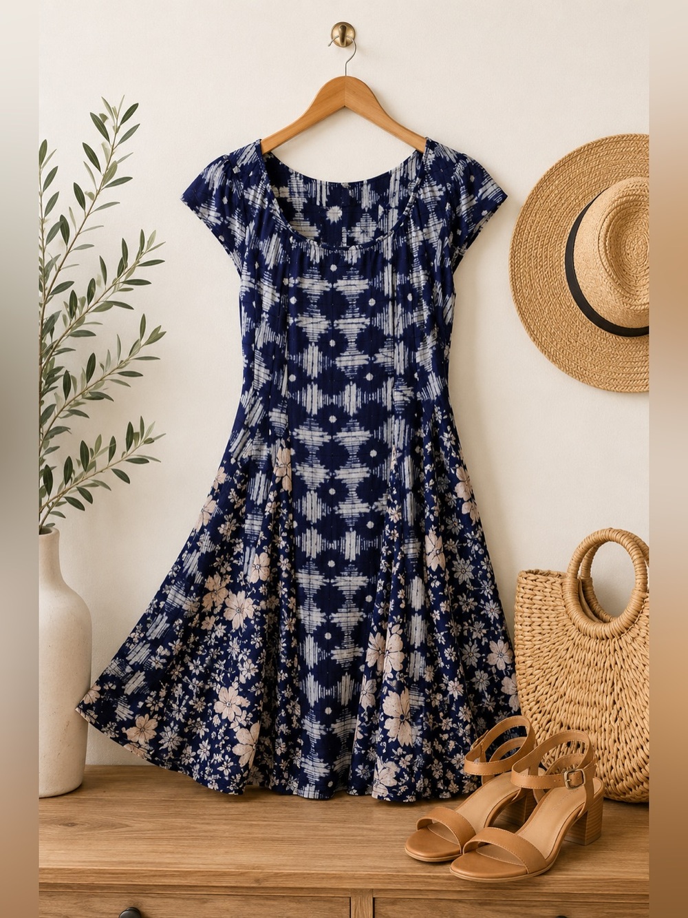Anthropologie Mauve Blue and Cream Floral Mini Dress